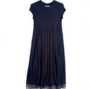 RINA ZIN Pleated Sheer Hem Lagenlook Modest T Shirt Pockets Maxi Dress S Black